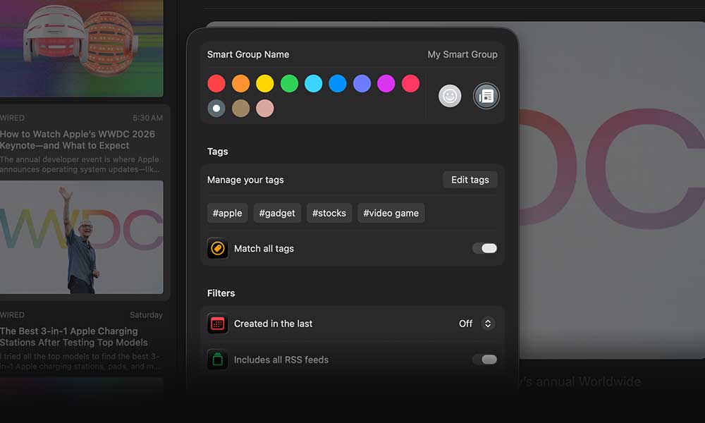 Newsbin's reader mode showing smart group options, including tags and selected feeds