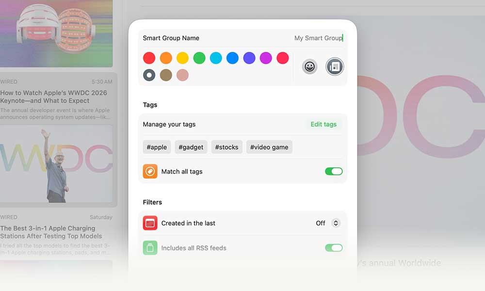 Newsbin's reader mode showing smart group options, including tags and selected feeds