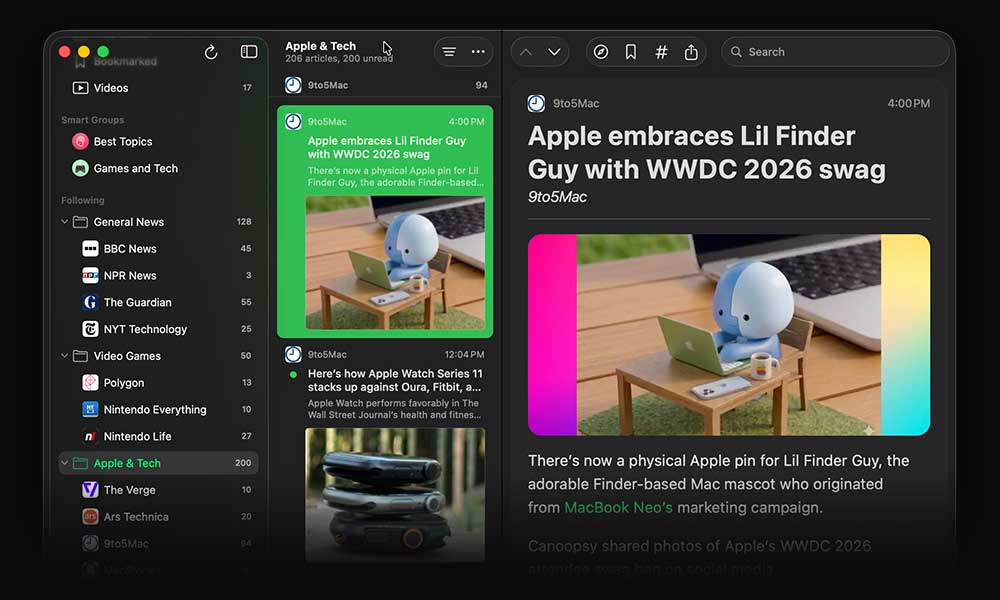 Newsbin's reader mode showing a full article, including headline image