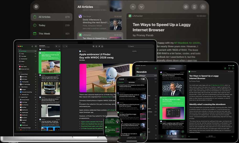 Newsbin running on iPhone, iPad, Mac and Apple Watch