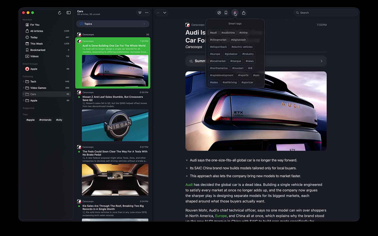 Newsbin's Smart Tags organizing a feed