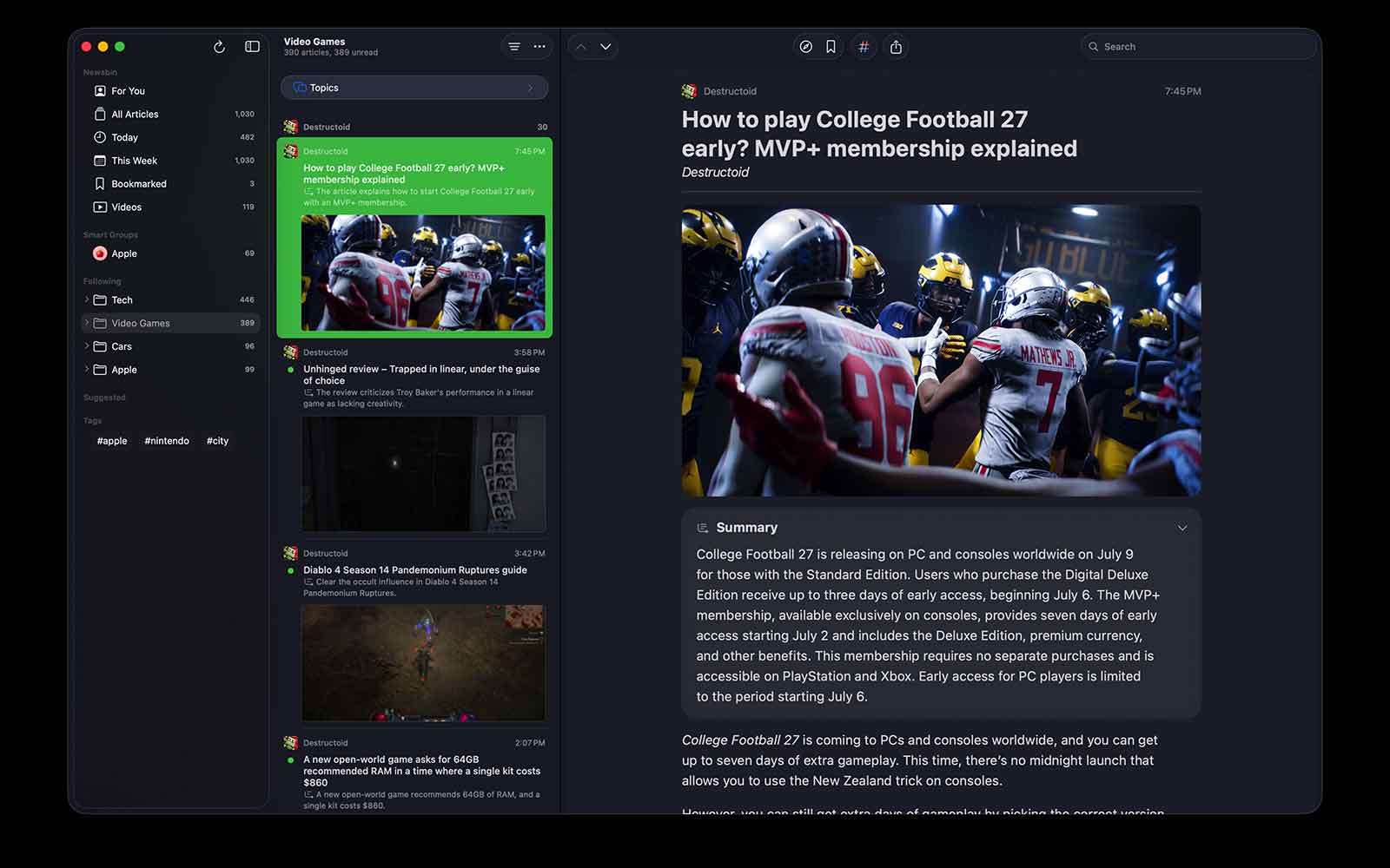 An AI summary shown in Newsbin's reader